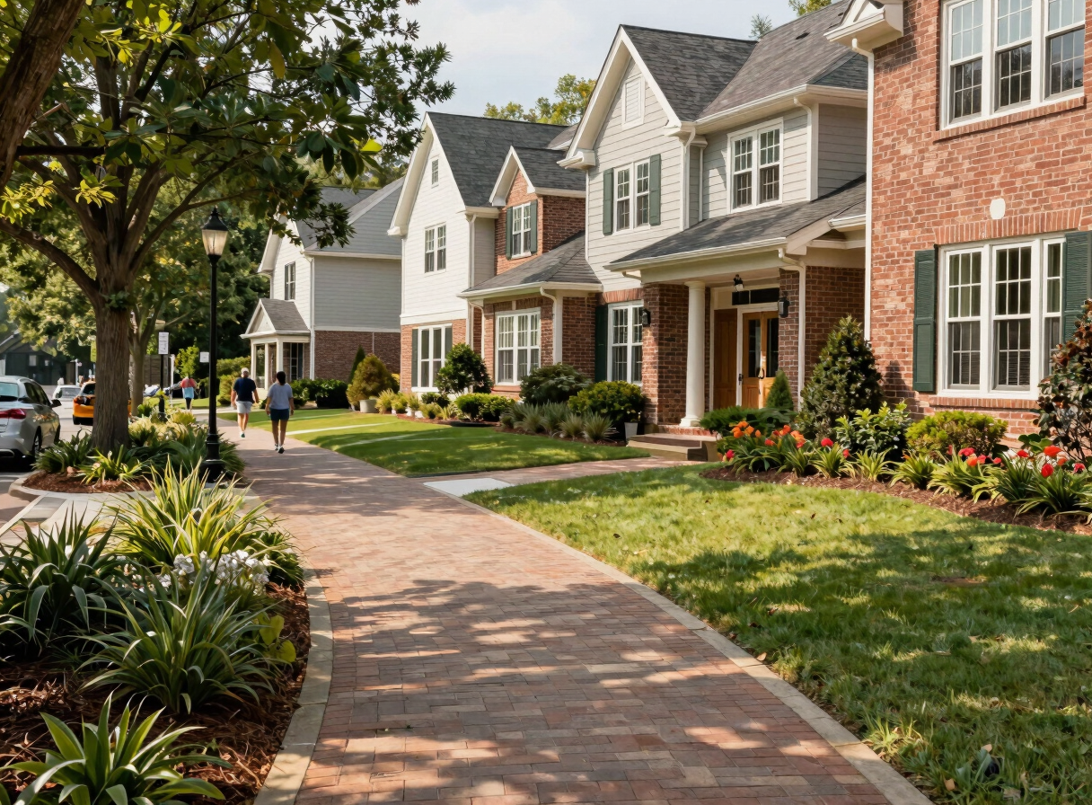 Paved walking trail Alpha Loop in Alpharetta with pedestrians walking near trees and shops