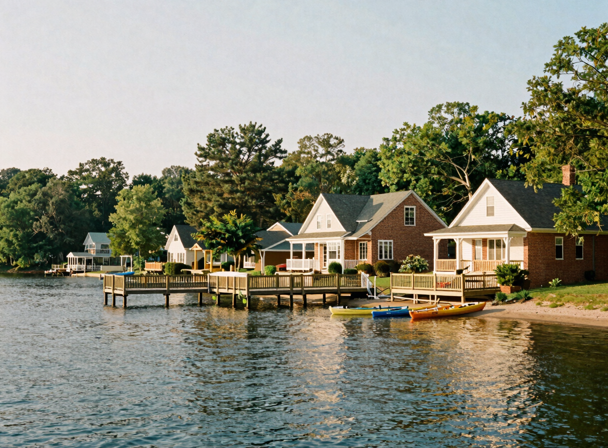 A pristine view of Lake Acworth with wooden fishing pier and kayaks along the calm shore