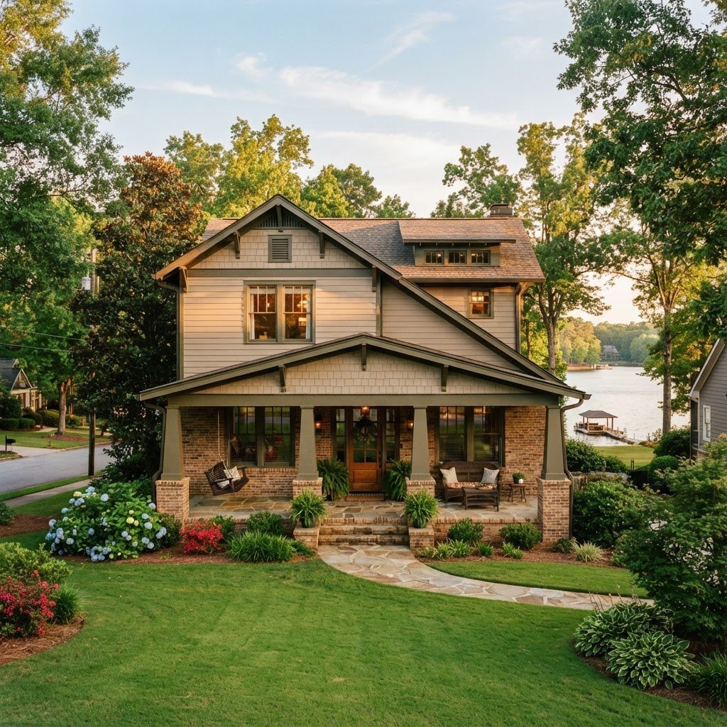 A charming Southern craftsman home with a wide front porch, manicured lawn, and warm afternoon sunlight in Acworth Georgia