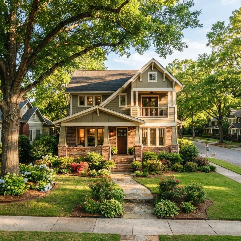 A charming two-story modern craftsman home with brick accent, manicured front yard, and mature oak trees in Mableton Georgia under warm sunlight